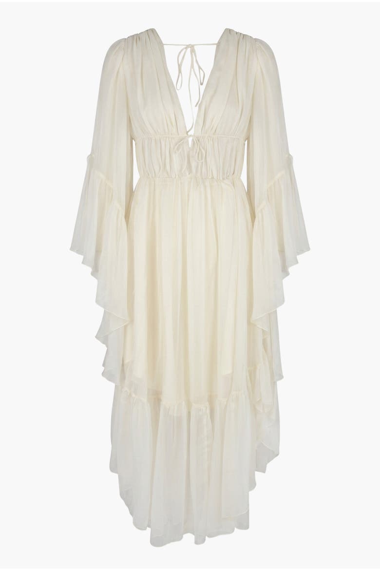 Plunging Neck Tie Waist Ruffle Sleeve Maxi Dress, Alternate, color, Beige