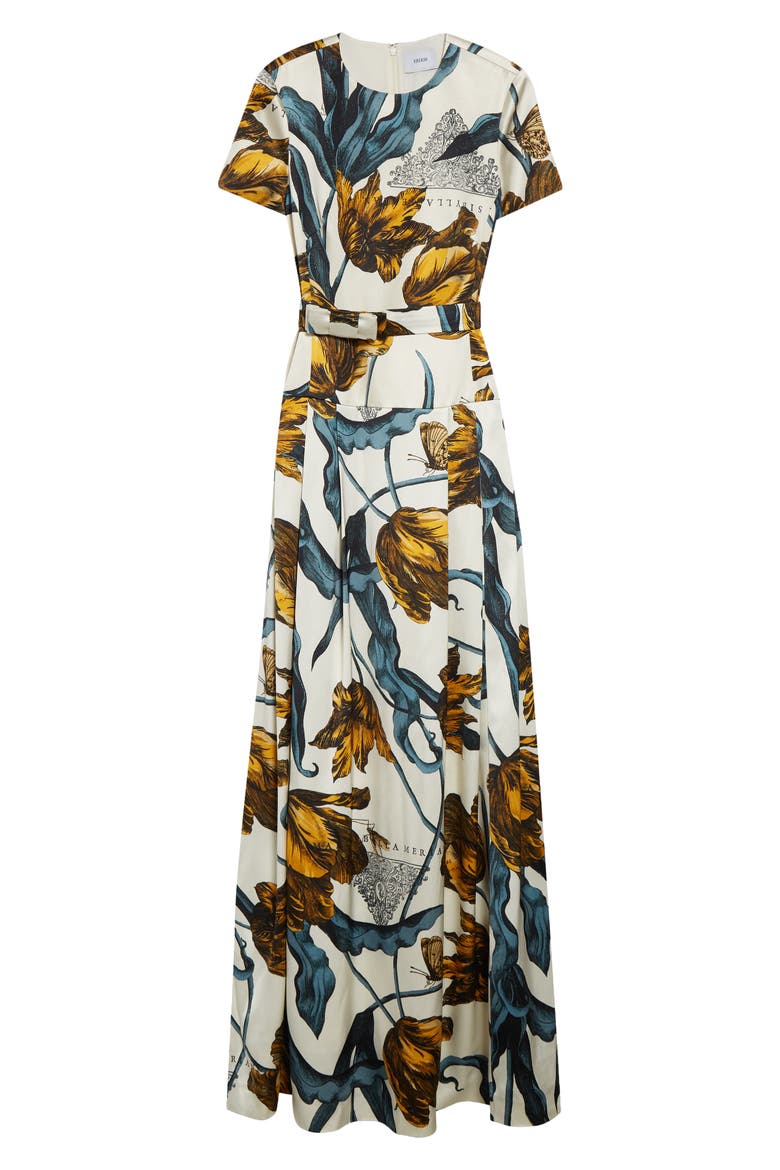 Tulip Print Belted Drop Waist Duchesse Satin Gown, Alternate, color, ETCHED TULIP BRONZE