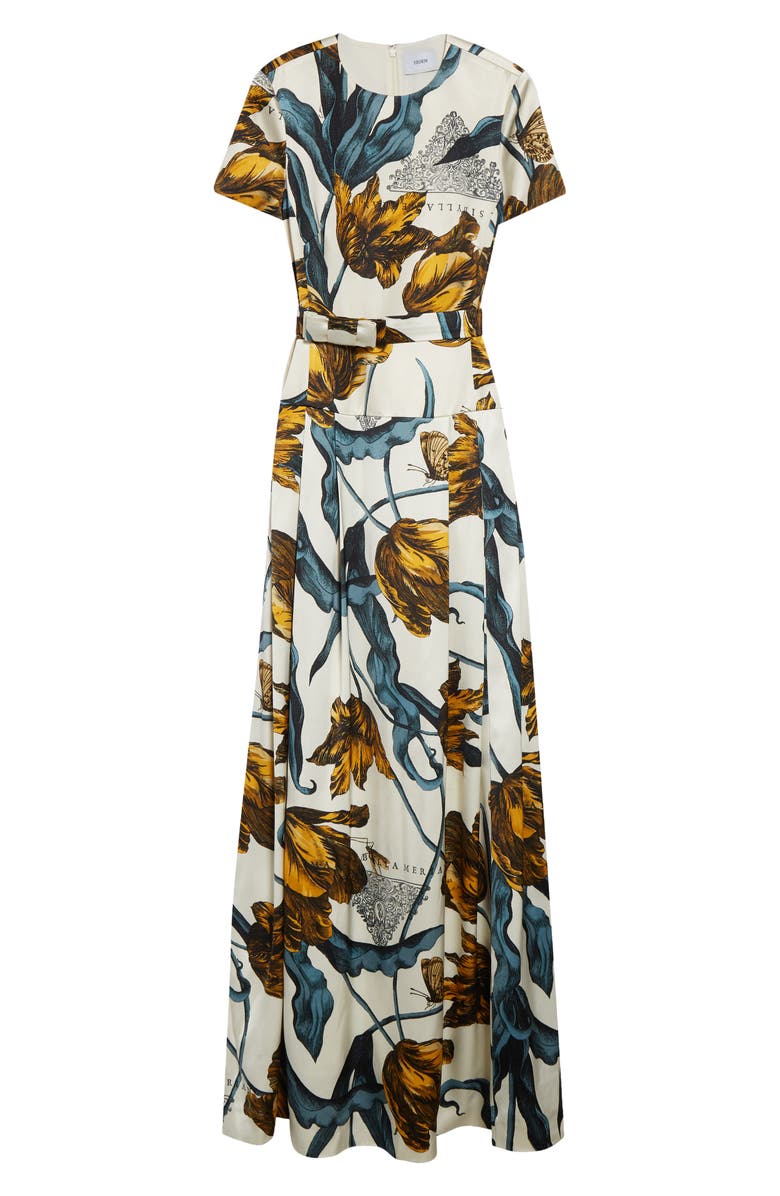 Erdem Tulip Print Belted Drop Waist Duchesse Satin Gown, Main, color, Etched Tulip Bronze