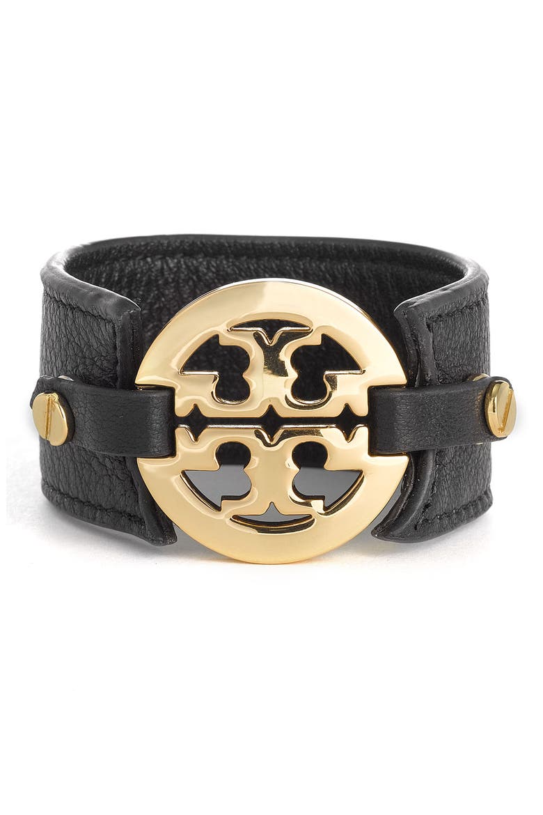 Leather Logo Buckle Bracelet, Main, color, BLACK