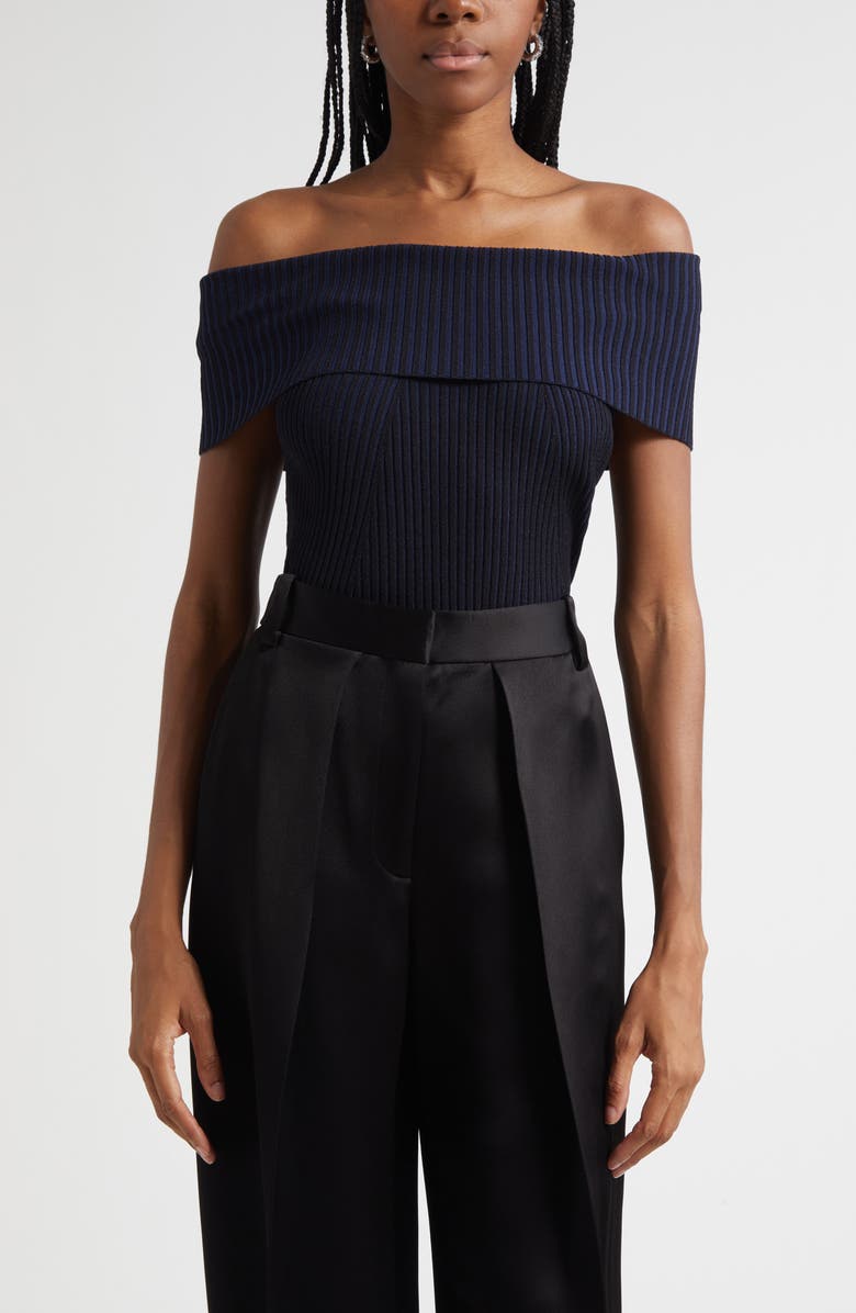 Ramy Brook Luke Foldover Off the Shoulder Rib Top, Main, color, Black/ Navy