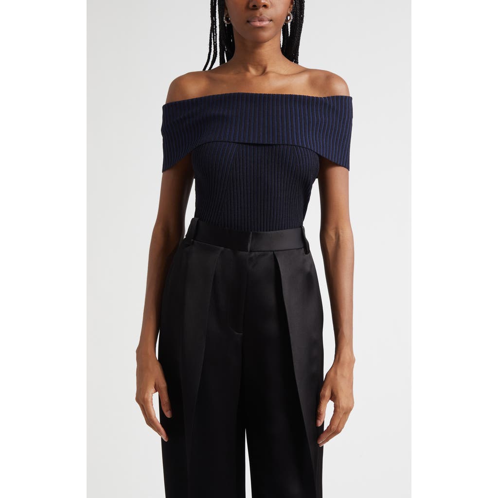 Ramy Brook Luke Foldover Off The Shoulder Rib Top In Blue