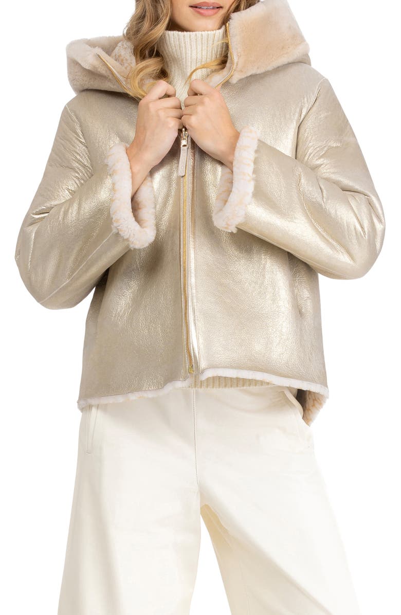 GORSKI Genuine Shearling Insignia Jacket, Hood, Reversible, Alternate, color, Cream/Palomino Nsignia/Gold