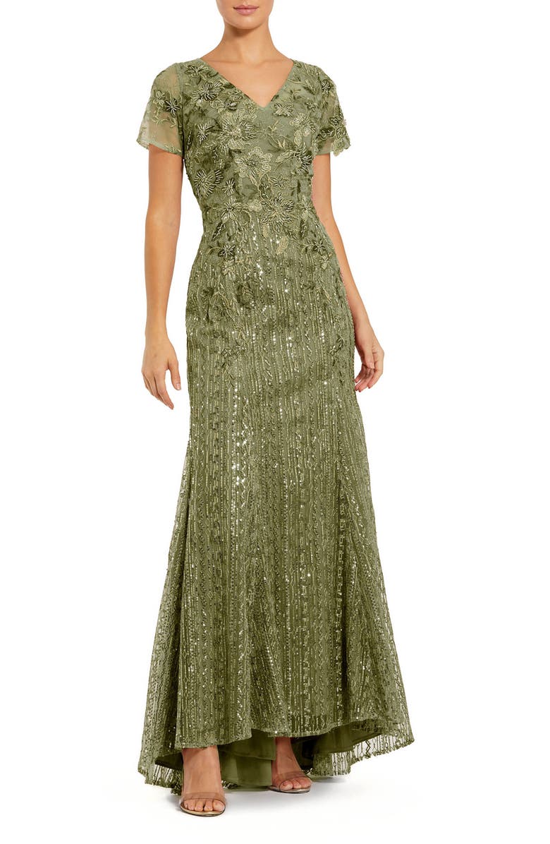 Mac Duggal Embellished V Neck Cap Sleeve Trumpet Gown, Main, color, Olive