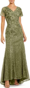 Mac Duggal Embellished V Neck Cap Sleeve Trumpet Gown