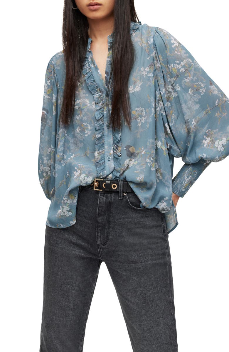 AllSaints Mia Viola Floral Print Semisheer Balloon Sleeve Blouse, Main, color,