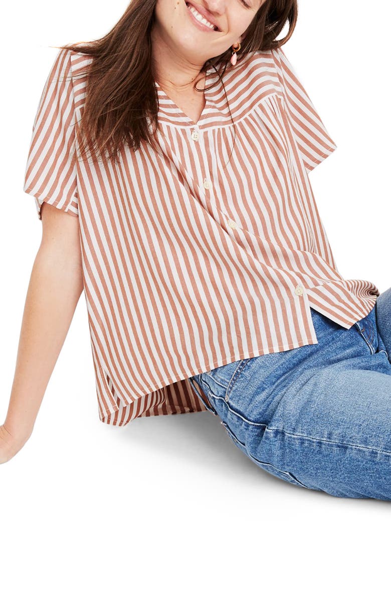 Madewell Stripe V-Neck Peplum Popover Top, Main, color, 