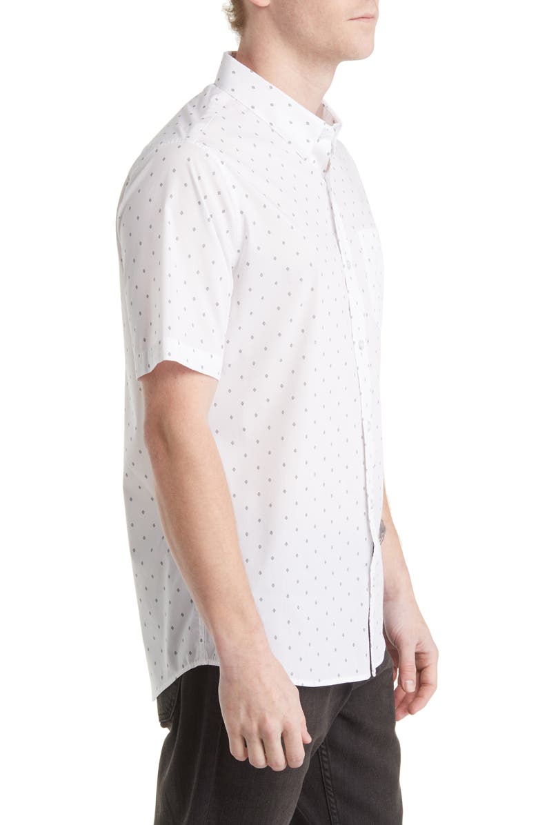 TravisMathew Better Not Diamond Print Short Sleeve Button-Up Shirt, Alternate, color, White