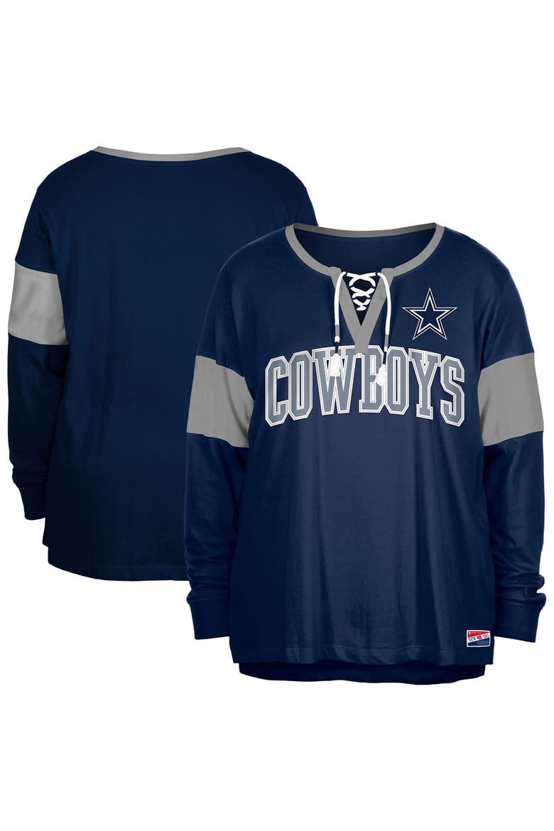 Women's New Era Navy Dallas Cowboys Plus Size Lace-Up Notch Neck Long Sleeve T-Shirt, Main, color, Navy