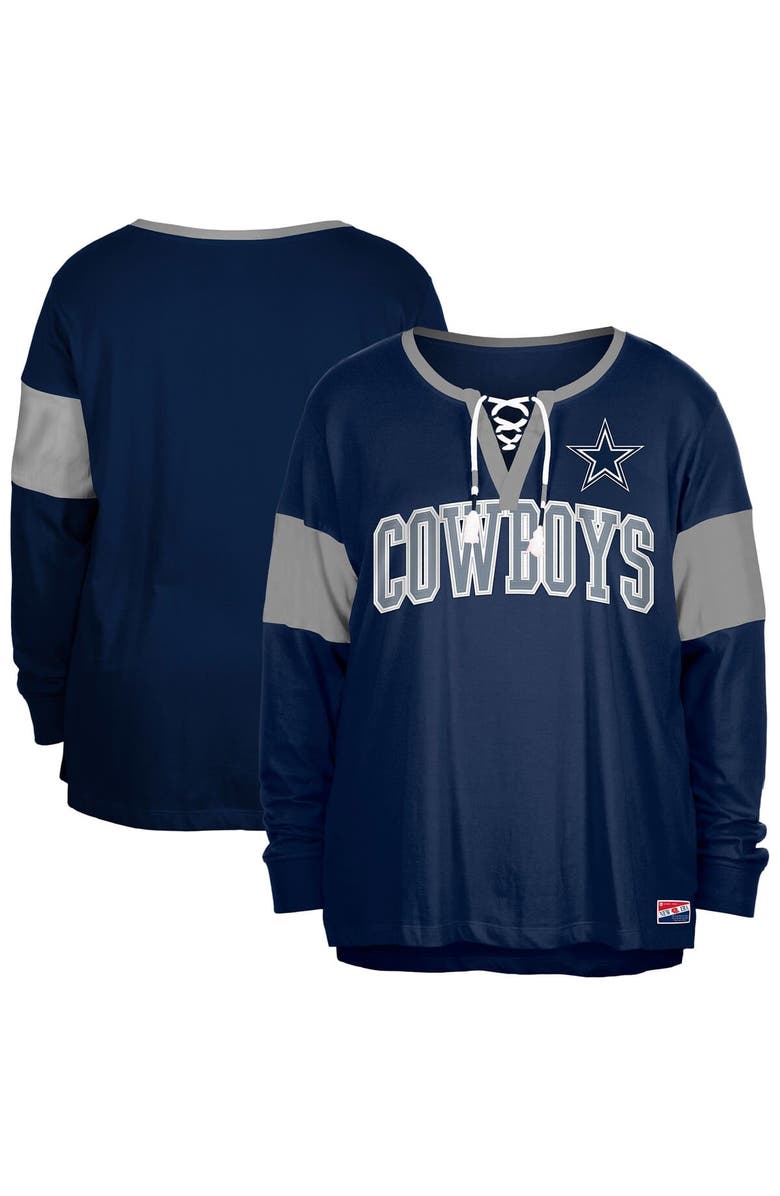New Era Women's New Era Navy Dallas Cowboys Plus Size Lace-Up Notch Neck Long Sleeve T-Shirt, Main, color, Navy