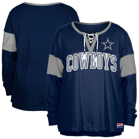 Women's New Era Navy Dallas Cowboys Plus Size Lace-Up Notch Neck Long Sleeve T-Shirt