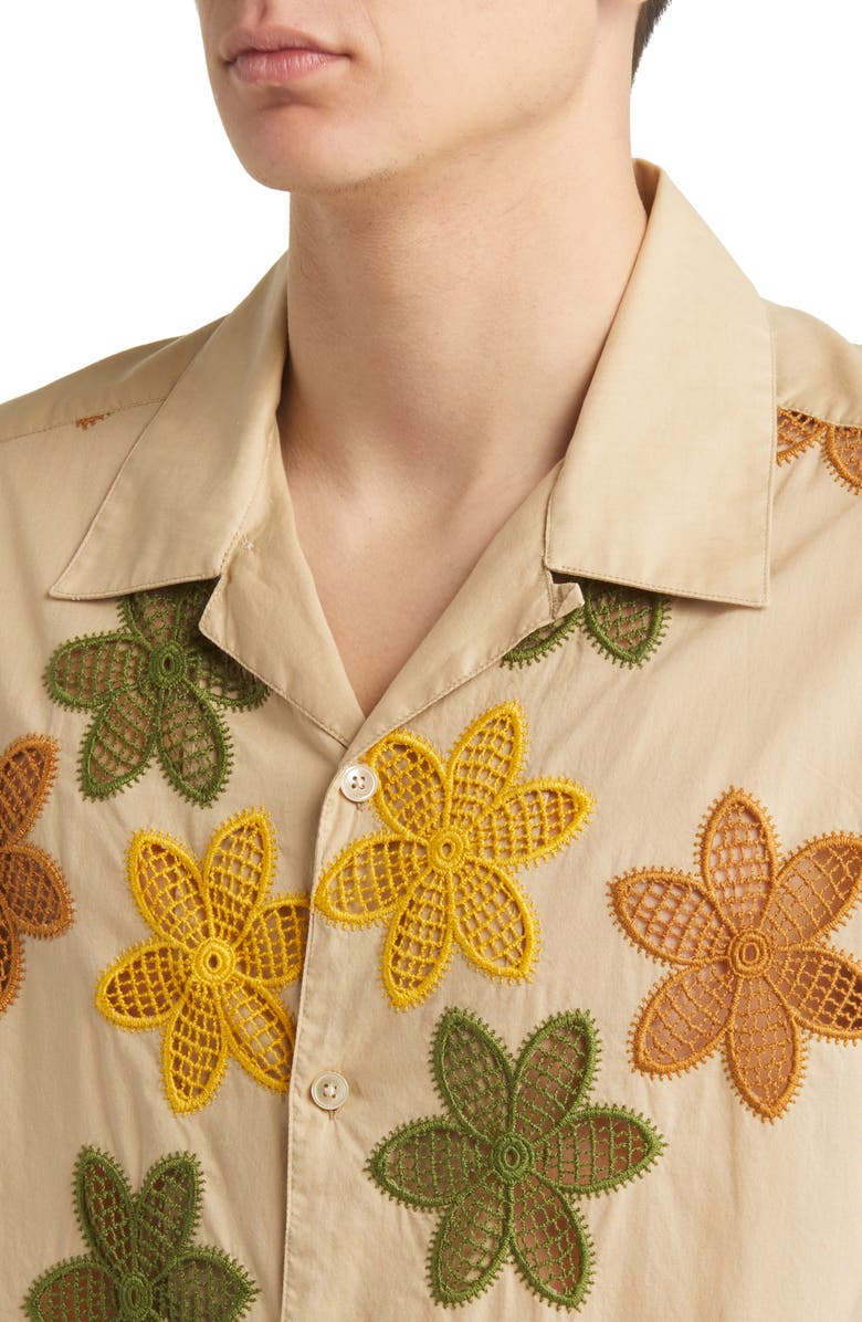 NN07 Julio 5452 Open Stitch Floral Inset Short Sleeve Button-Up Camp Shirt, Alternate, color,