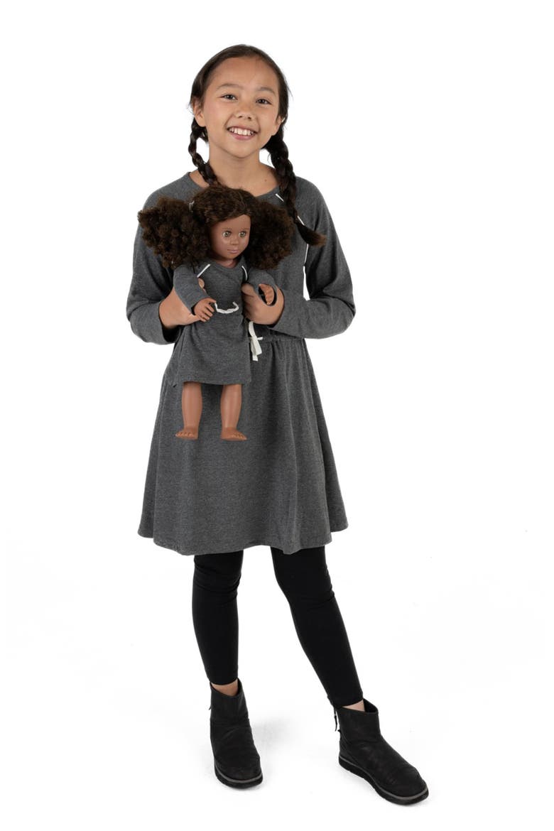 Girls Bow Tie Dress with Matching Doll Dress, Alternate, color, DARK GREY