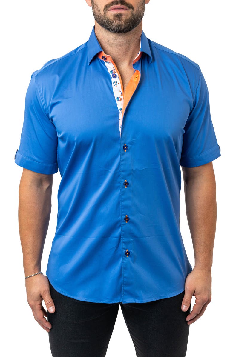 Maceoo Galileo Chefchaouen Blue Contemporary Fit Short Sleeve Button-Up Shirt, Alternate, color, 