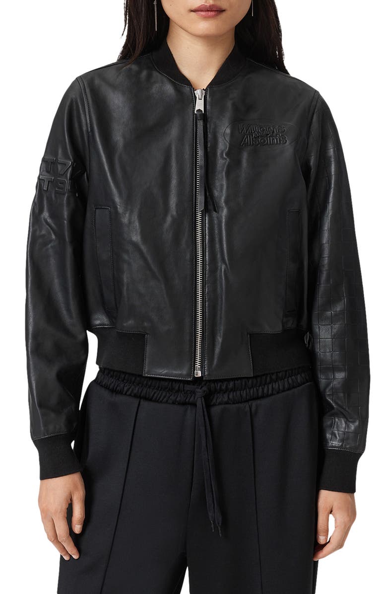 AllSaints x Williams F1 Racing Orten Leather Bomber Jacket, Main, color, Black