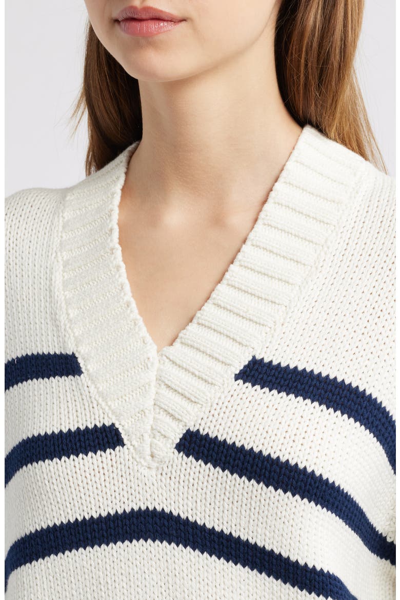 Penny Stripe V-Neck Cotton Sweater, Alternate, color, IVORY NAVY STRIPE
