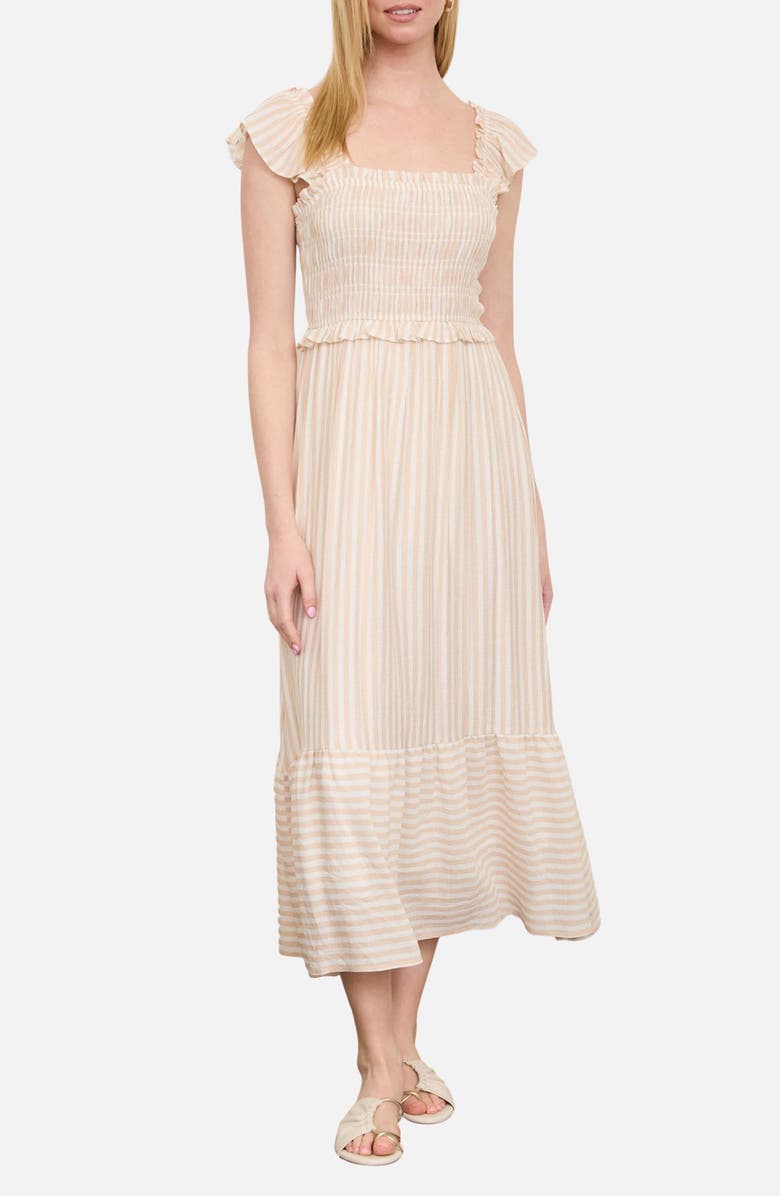 Blu Pepper Stripe Flutter Sleeve Smocked Dress, Main, color, Light Khaki