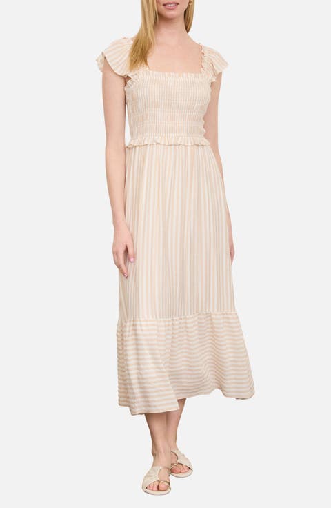 Stripe Flutter Sleeve Smocked Dress