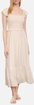 Blu Pepper Stripe Flutter Sleeve Smocked Dress