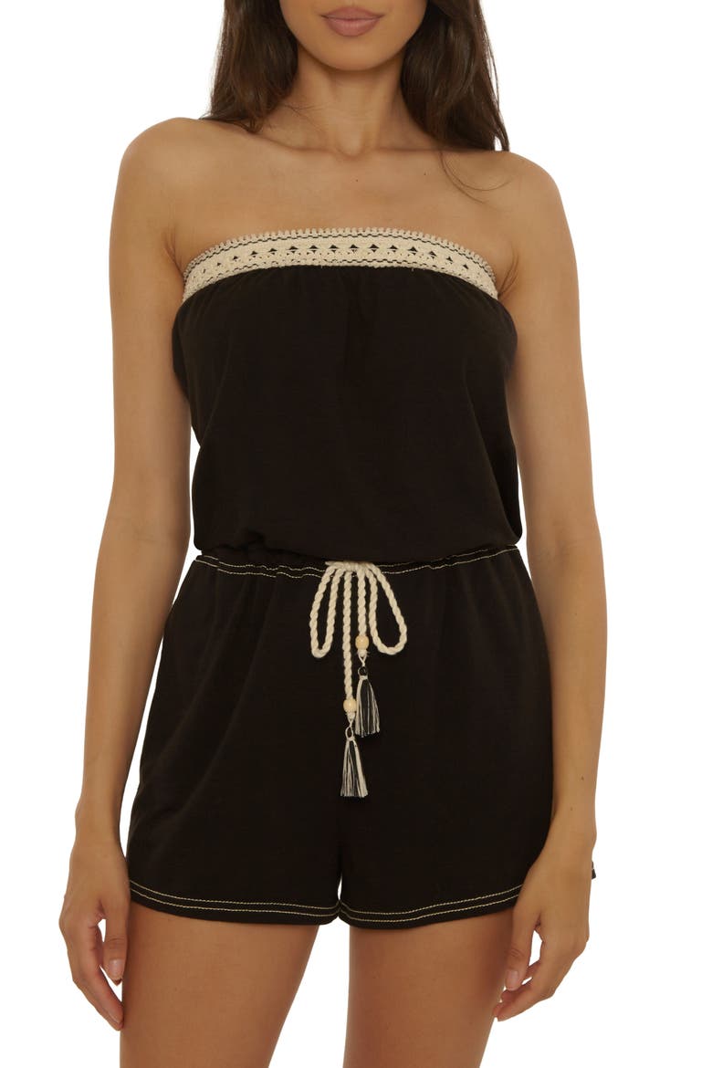 Laguna Tie Waist Strapless Cover-Up Romper, Main, color, BLACK