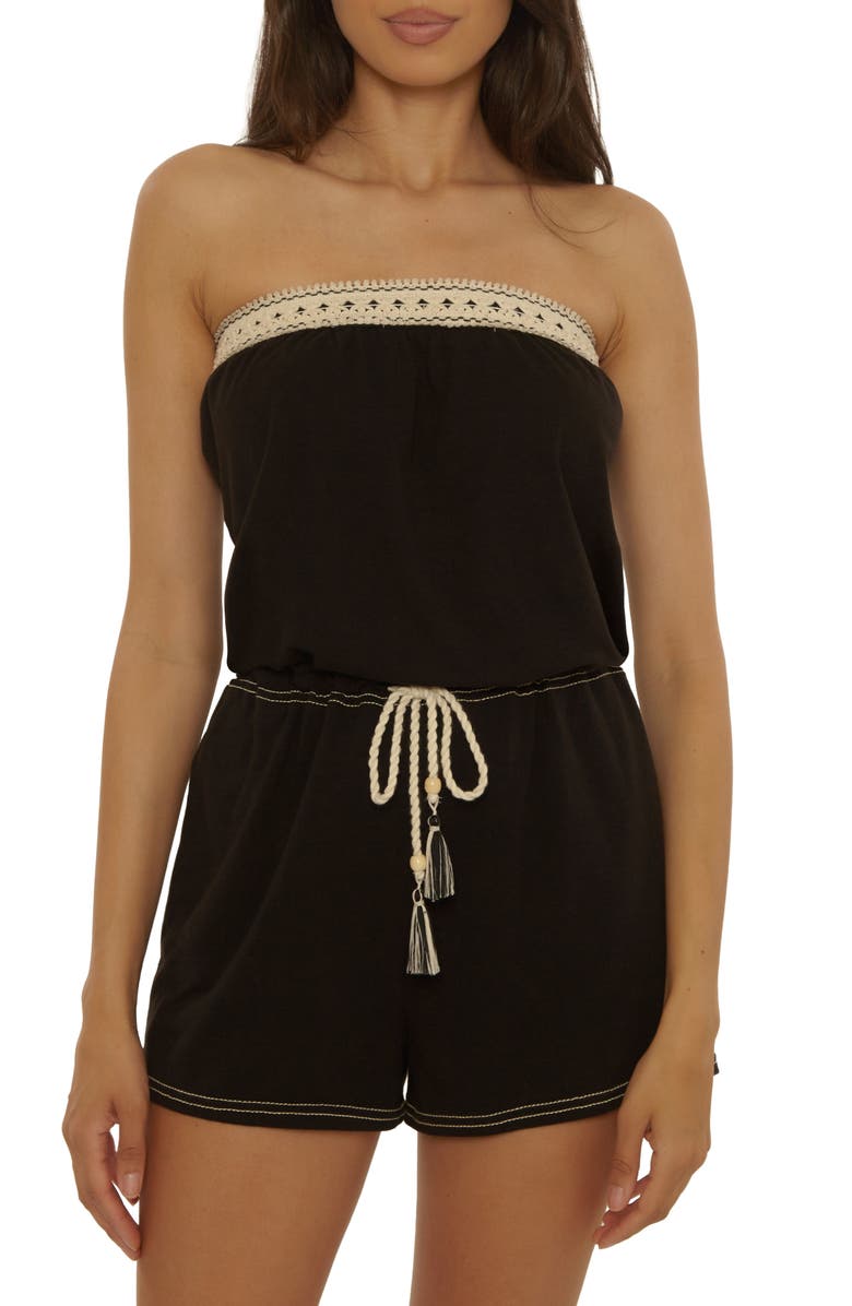 Lucky Brand Laguna Tie Waist Strapless Cover-Up Romper, Main, color, Black