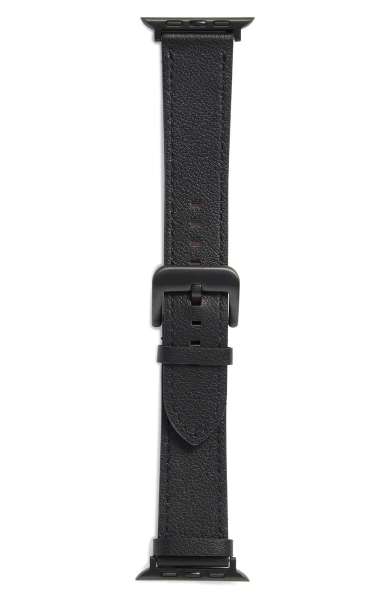 NORDSTROM RACK Leather Apple Watch<sup>®</sup> Watchband, Alternate, color, Black- Silver