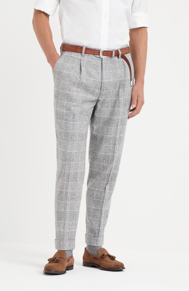 Brunello Cucinelli Flecked silk, wool and cashmere Prince of Wales leisure fit trousers with pleat, Alternate, color, 
