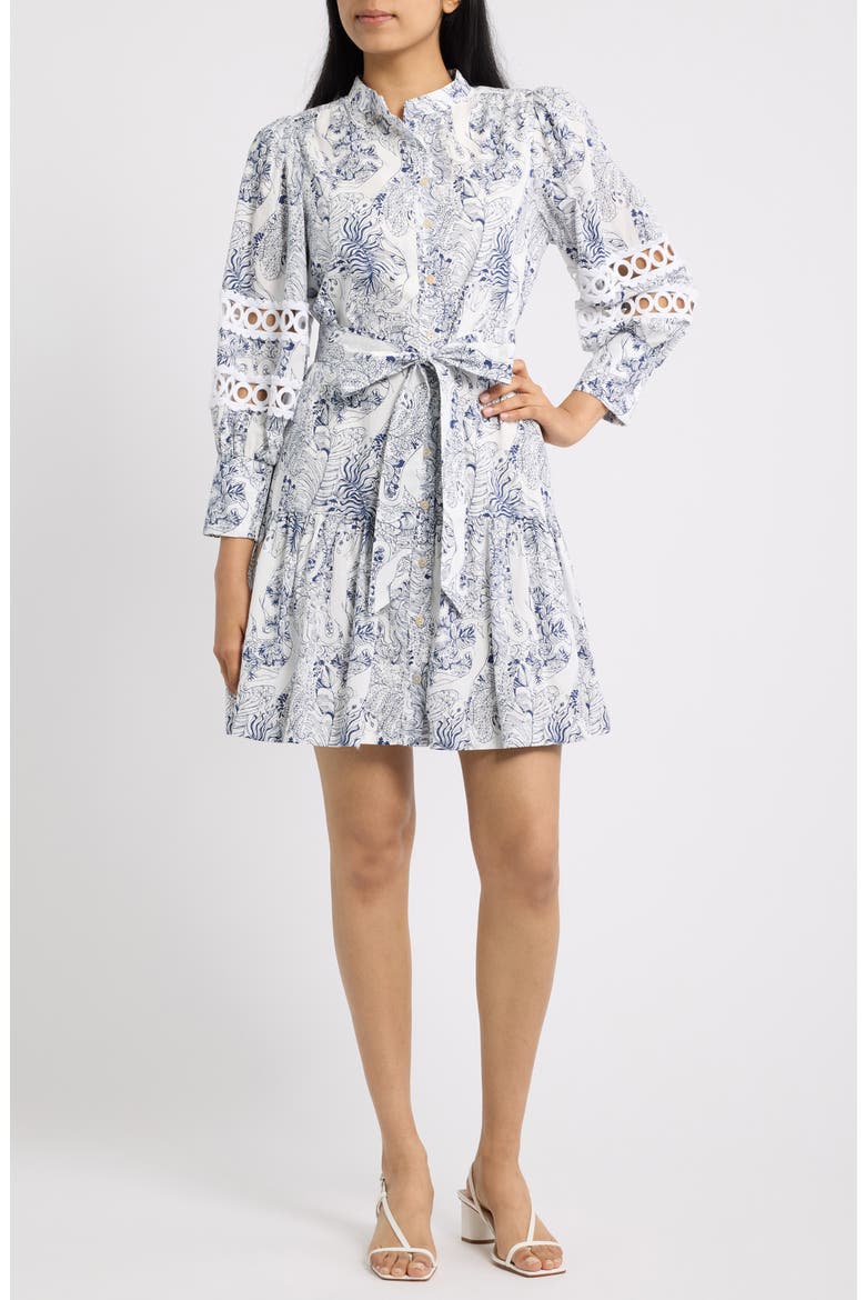 Drena Print Tie Waist Long Sleeve Shirtdress, Main, color, COCONUT LIL PALM PROWL