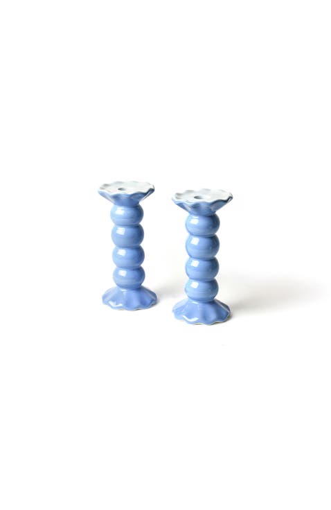 French Blue Medium Knobbed Candle Holder with Ruffle Set of 2