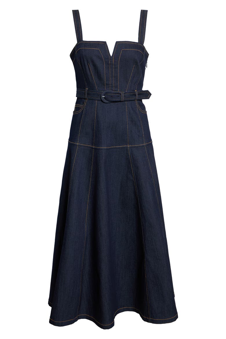Tina Belted Stretch Denim Midi Sundress, Alternate, color, INDIGO