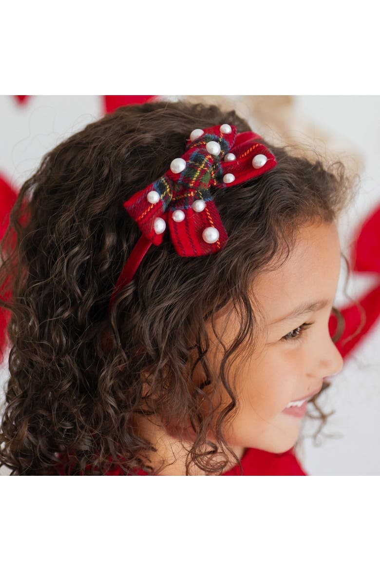 Christmas Tartan Pearl Bow Headband, Alternate, color, Red