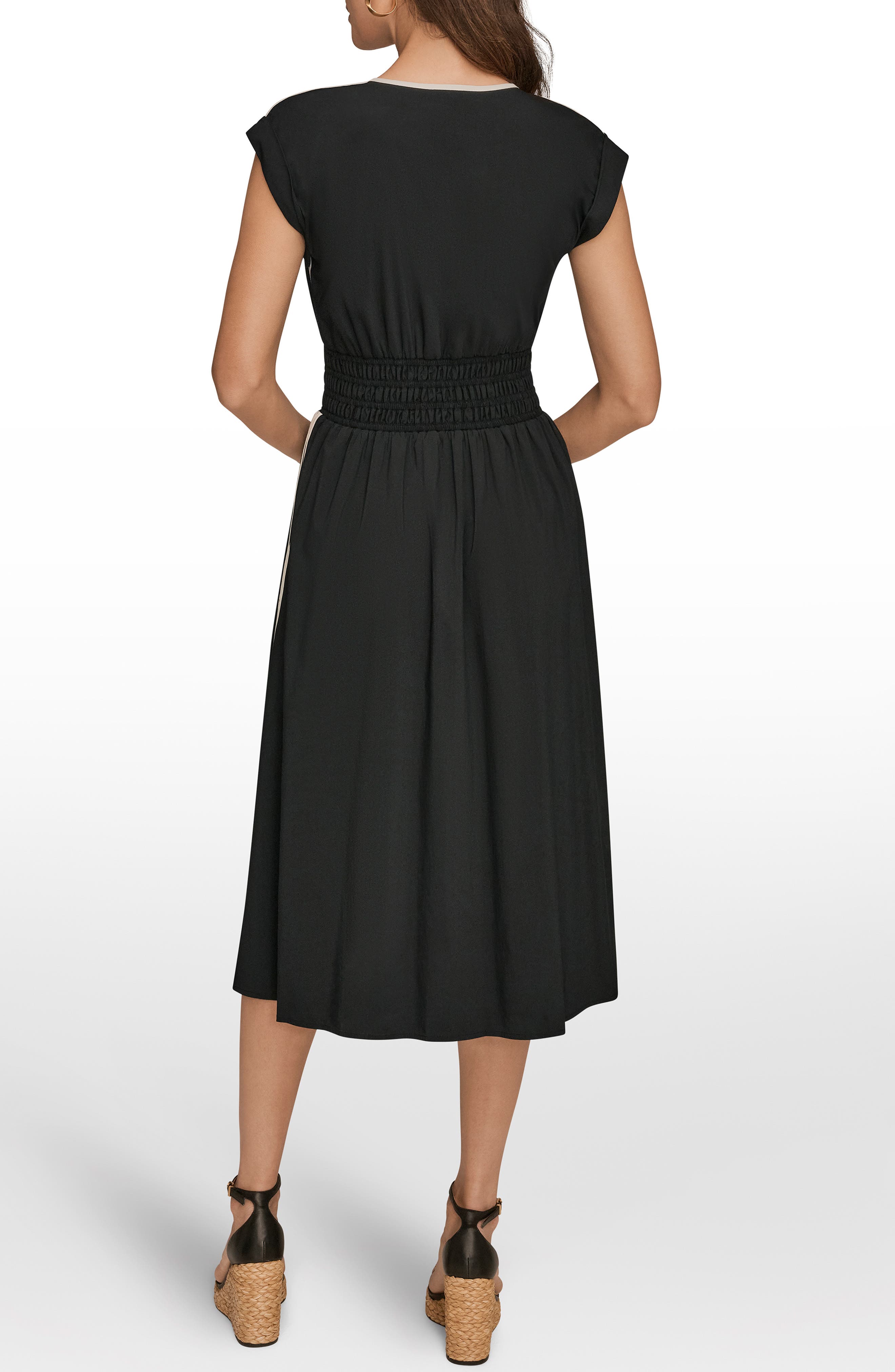 Cap Sleeve Piped Midi A-Line Dress - image 2