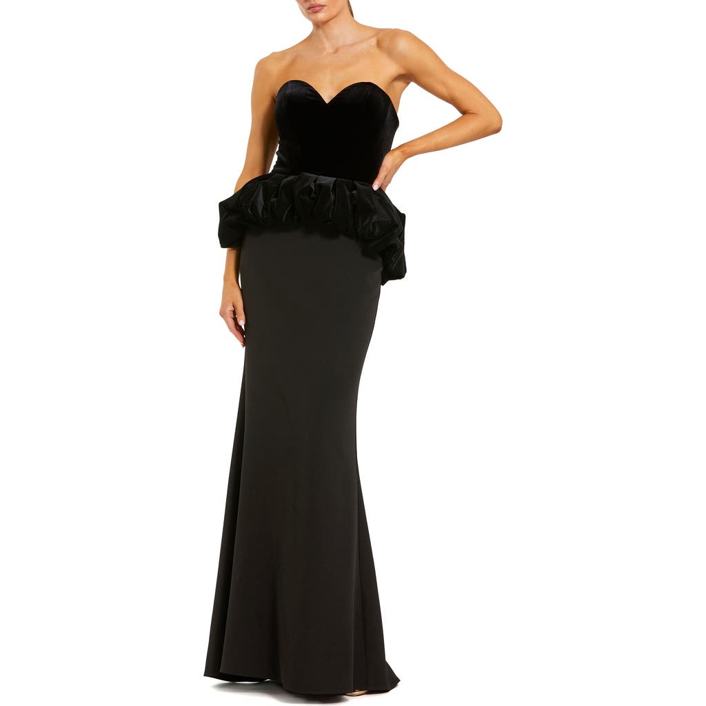 Mac Duggal Strapless Velvet Puplum Top With Crepe Skirt Gown In Black