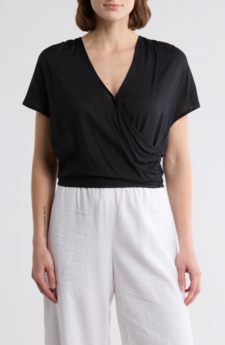 Elan Surplice Neck Cover-Up Crop Top, Main, color, Black