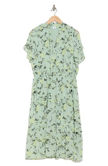 Shop Melrose And Market Tiered Midi Dress In Green Celadon Prim Bloom