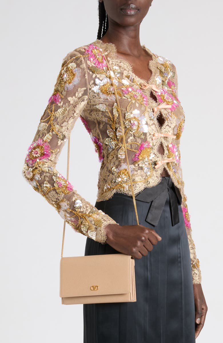 Valentino Garavani VLOGO Signature Leather Wallet on a Chain, Alternate, color, Rose Sand