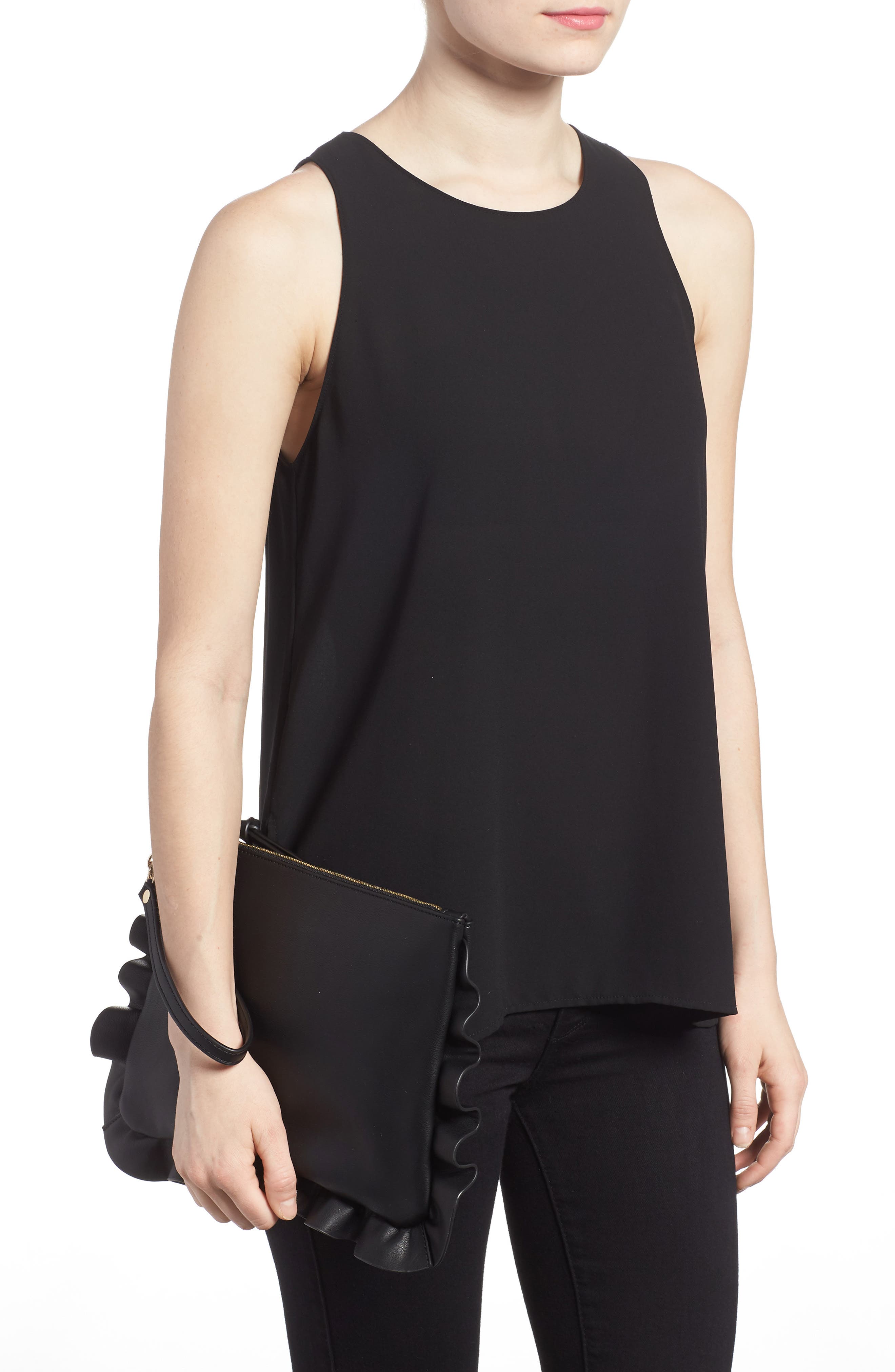 Adelina Faux Leather Ruffle Clutch, Alternate, color, BLACK