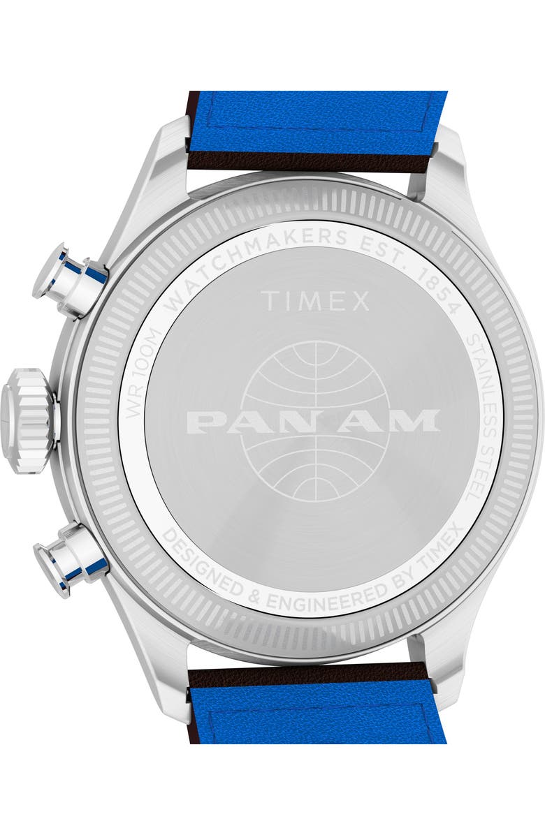 Timex<sup>®</sup> x Pan Am<sup>®</sup> Waterbury Ace Chronograph Leather Strap Watch, 41mm, Alternate, color, Silver-Tone