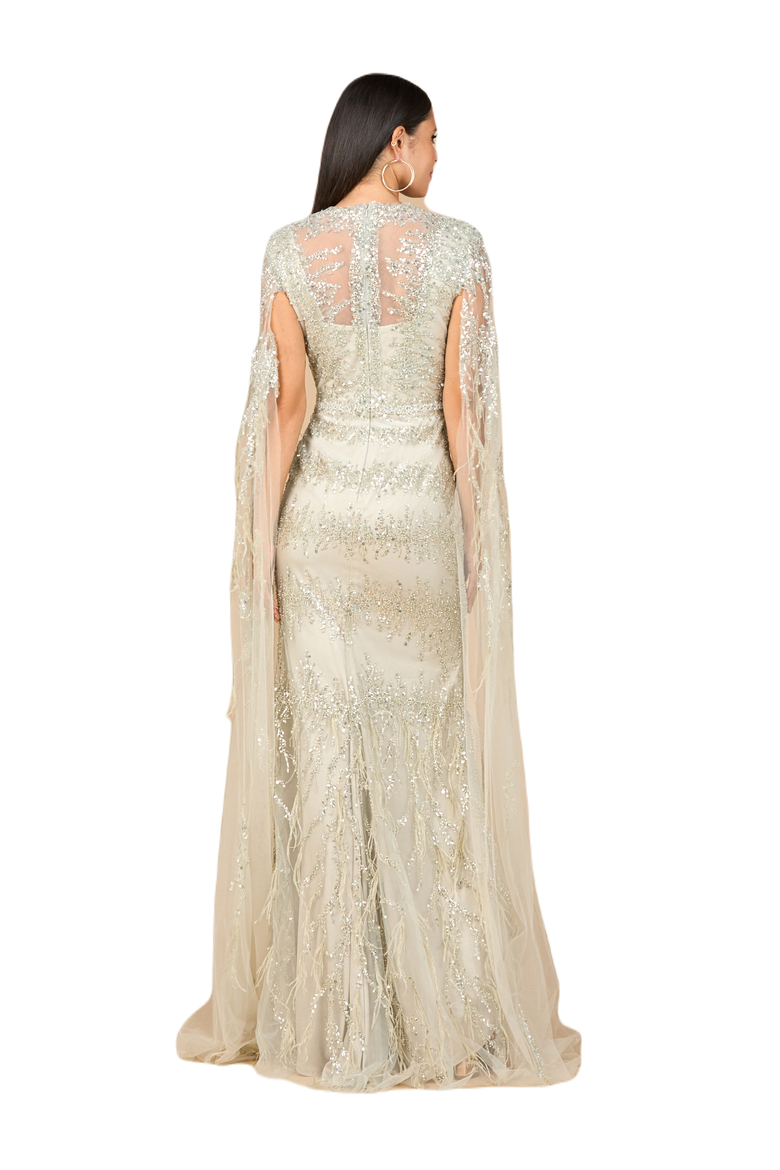 V-Neck Gown with Long Cape Sleeves and Feathers, Alternate, color, Sage