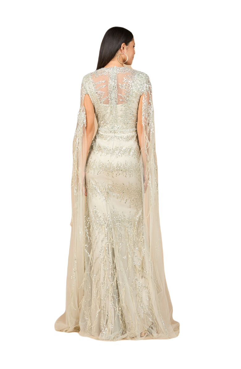 LARA New York V-Neck Gown with Long Cape Sleeves and Feathers, Alternate, color, Sage