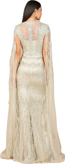 V-Neck Gown with Long Cape Sleeves and Feathers