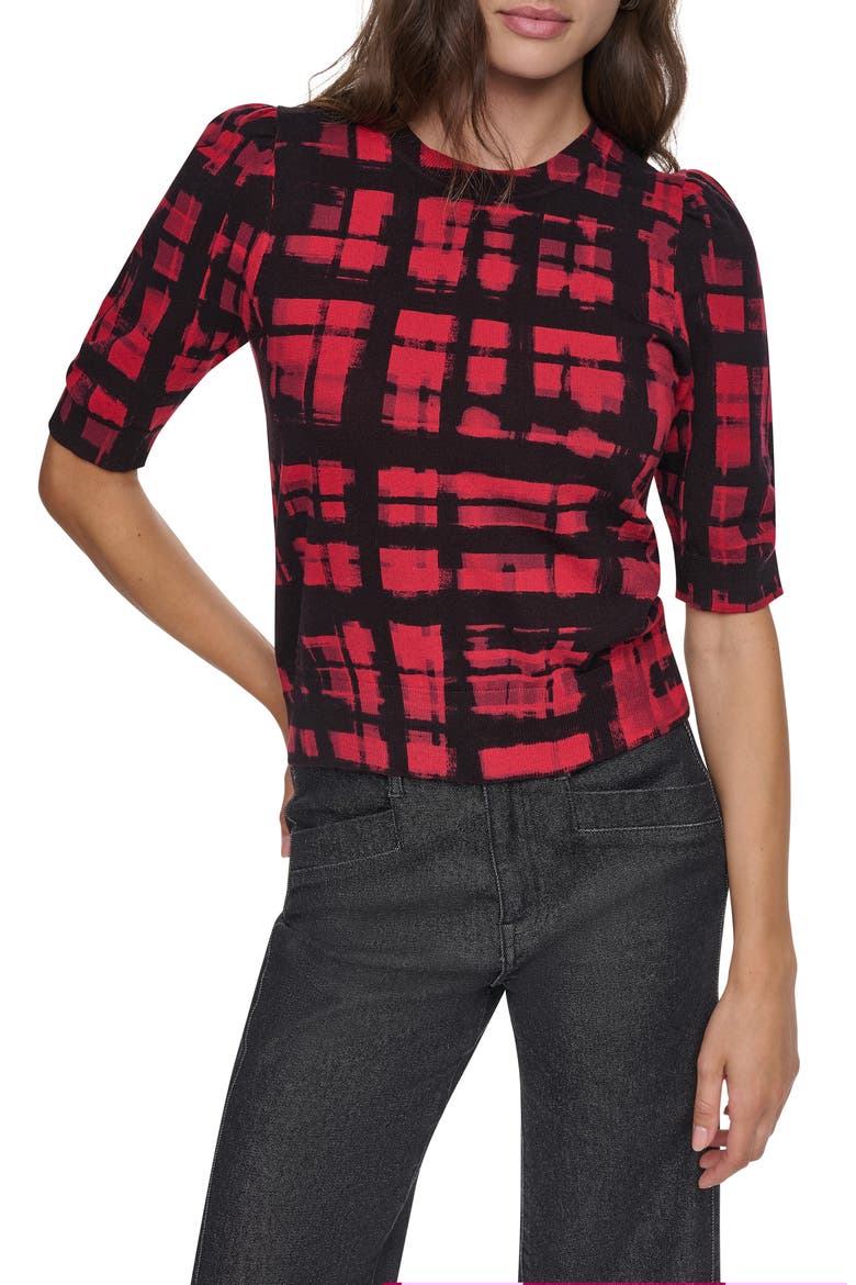 Plaid Puff Shoulder Sweater, Main, color, RED/ BLK PL