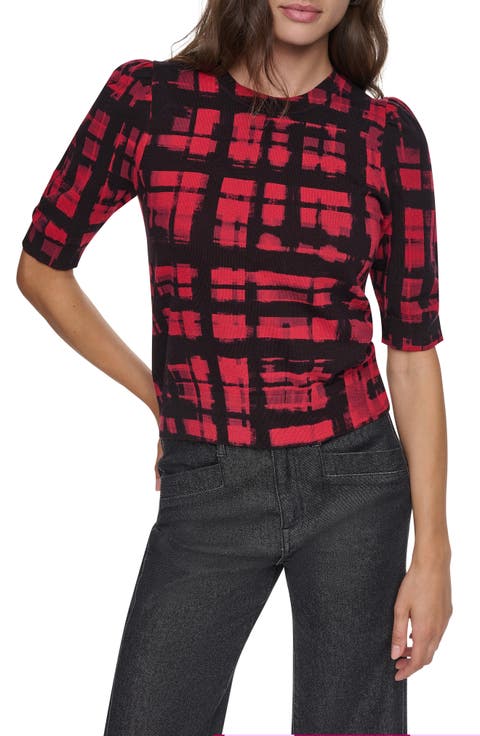 Plaid Puff Shoulder Sweater