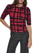 DKNY Plaid Puff Shoulder Sweater