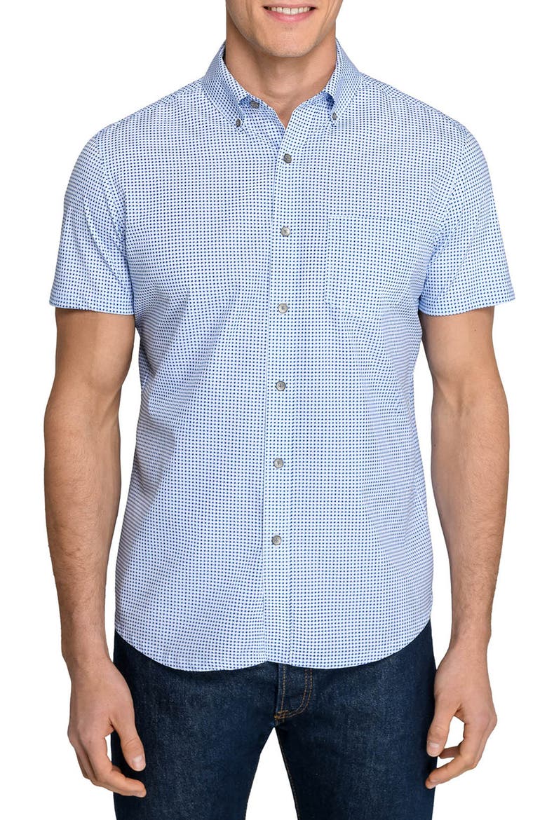 Slim Fit Houndstooth Reworked Short Sleeve Button-Down Shirt, Main, color, BLUE
