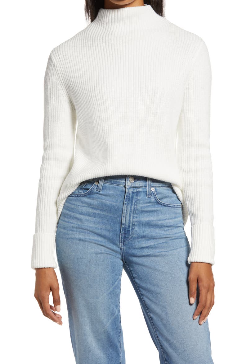 Funnel Neck Ribbed Sweater, Main, color, WHITE SNOW