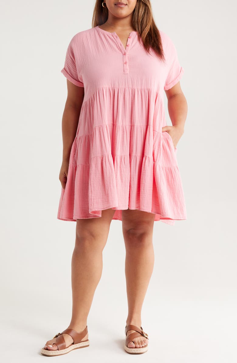 Caslon<sup>®</sup> Cotton Gauze Tiered Popover Dress, Main, color, Pink Geranium