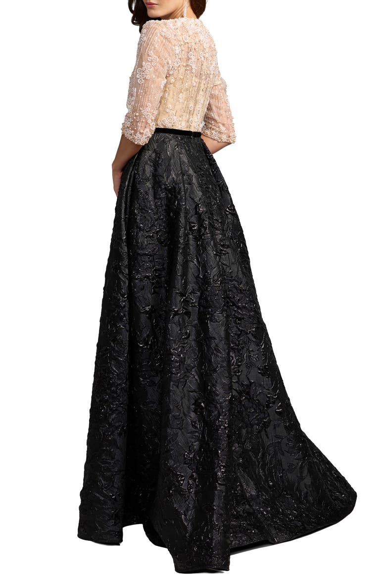 Embellished Brocade Gown With 3/4 Sleeves, Alternate, color, Beige Black