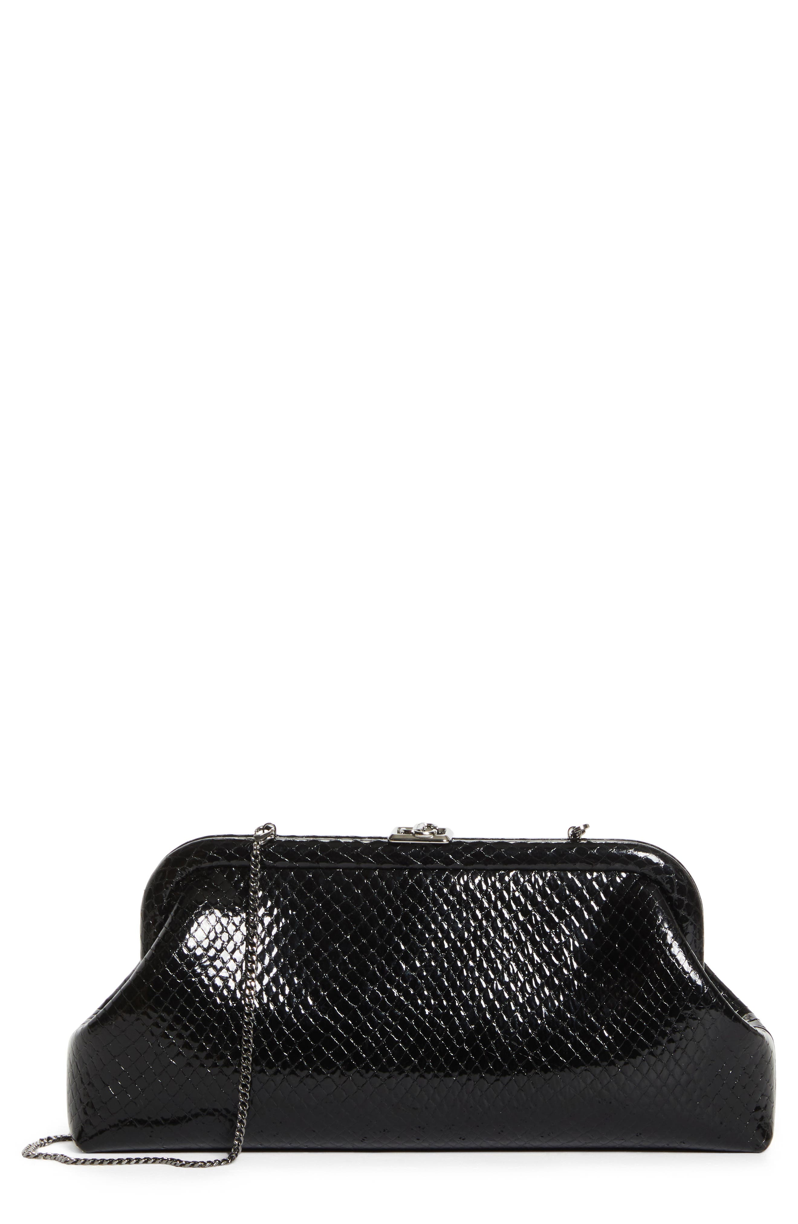 Jimmy Choo Skylar Snakeskin Embossed Leather Clutch, Main, color, Black/ Shiny Gold
