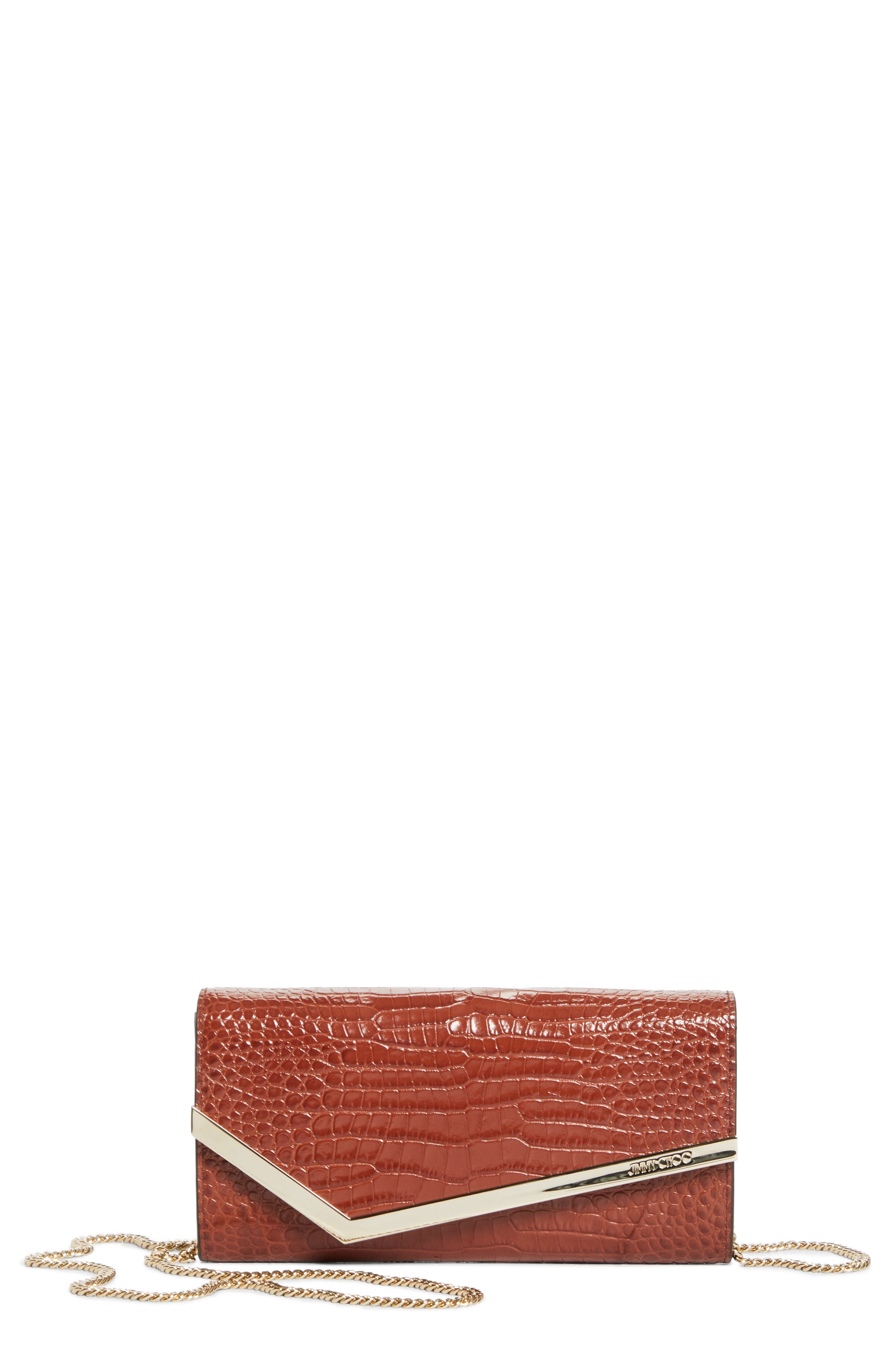 Jimmy Choo Emmie Croc Embossed Leather Clutch, Main, color, Cognac/ Light Gold